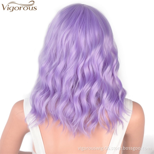 Vigorous Synthetic Short Bob Wigs for Black Women with Bangs Water Wave Purple Hair Wig Natural Cosplay Wigs